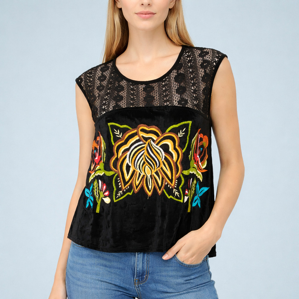 Free People Size XS Black Velvet Floral Embroidered Crochet Cap Sleeve Boho Top
